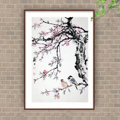 国画花鸟《桃花朵朵开》/45x68cm/传统水墨