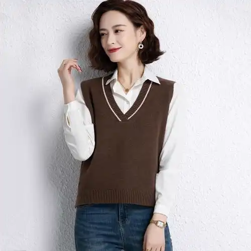 毛线背心针织衫女装马甲减龄开叉羊毛上衣无袖条纹坎肩宽松外搭