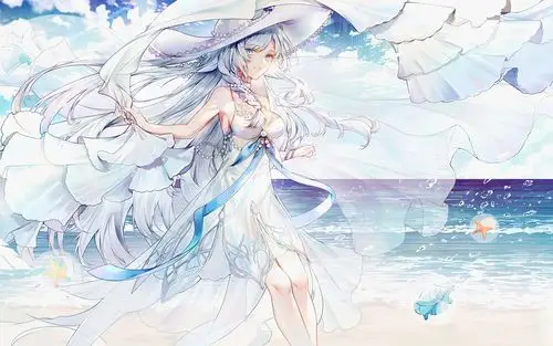 二次元海边的白裙女孩桌面壁纸_卡通动漫_壁纸下载_美桌网