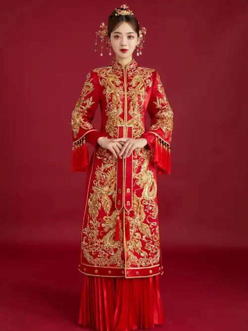 美到窒息的手绣秀禾服龙凤褂中式婚礼服