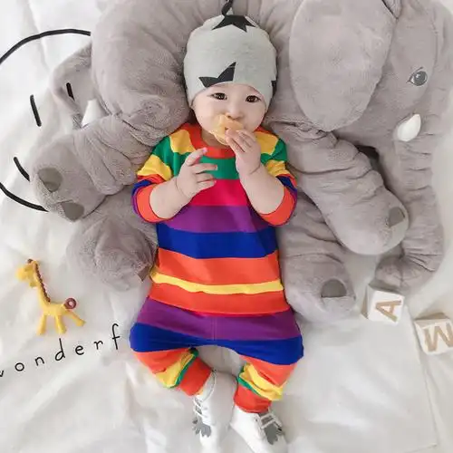 0一2岁婴儿套装春装外出彩虹条纹男婴幼儿开裆两件套十个月女宝宝优惠