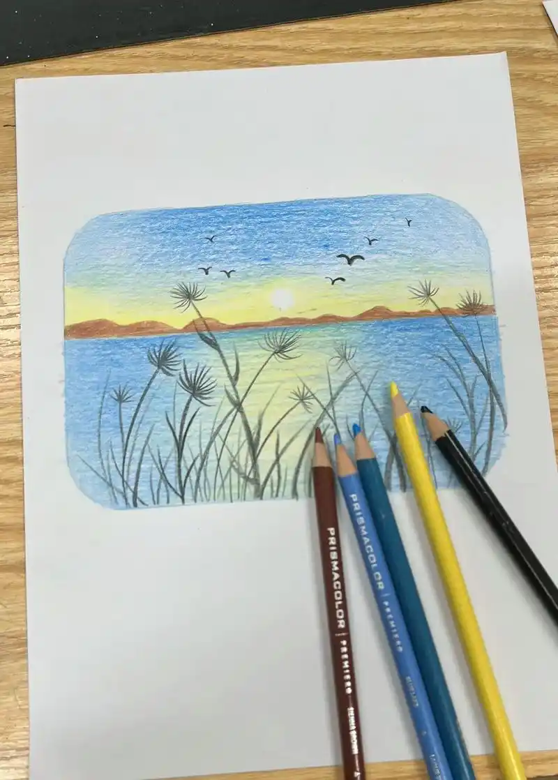简单的彩铅风景画-夕阳西下 #风景画 #画画 #彩铅 #儿童 - 抖音