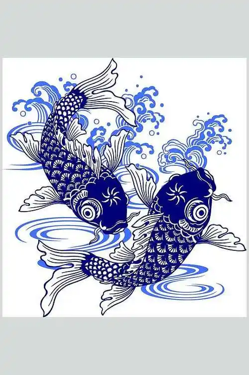 蓝色线描素描勾线锦鲤双鱼元素素材