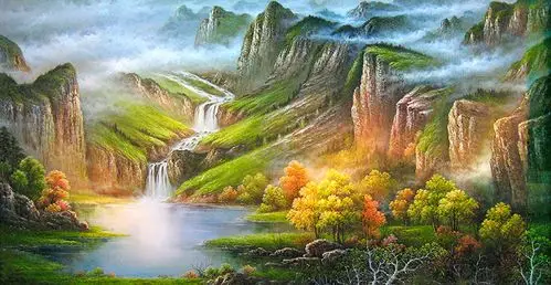 中式山水风景油画高清大图客厅风水油画素材下载b