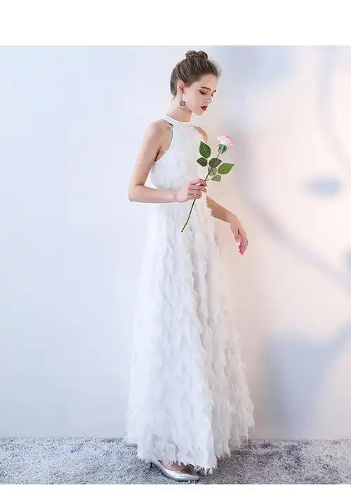 主持人晚礼服女2017新款宴会优雅端庄大气长款白色伴娘晚会连衣裙