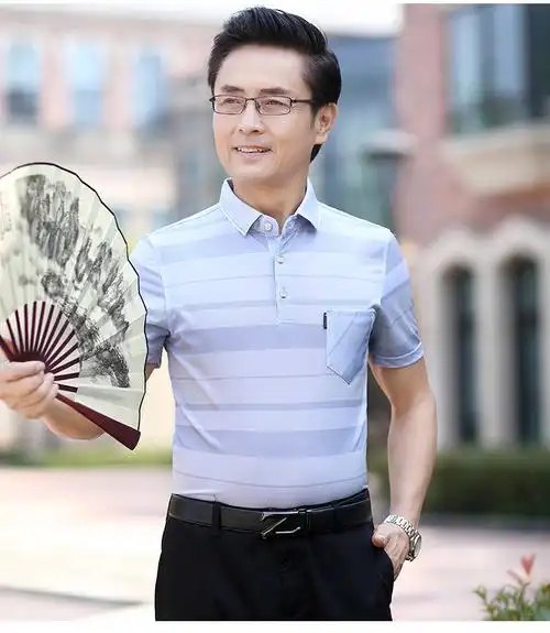爸爸短袖t恤男夏40-50岁中老年人夏装男士休闲冰丝薄款父亲节衣服