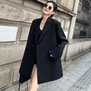 高级感小众黑色西装外套女中长款2022春秋季新款休闲宽松韩版西服