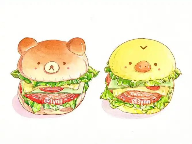 水彩美食汉堡附过程和线稿