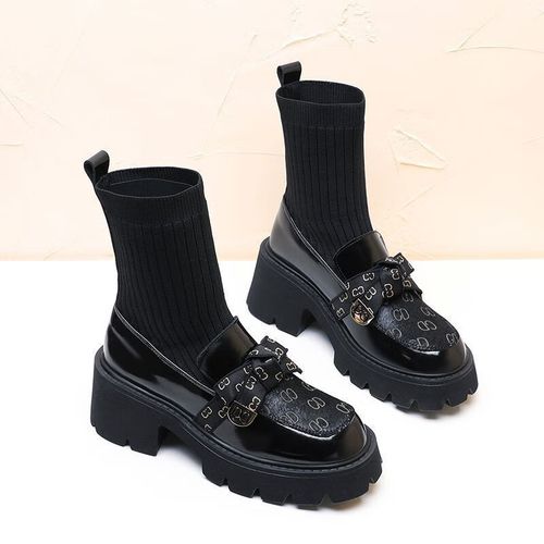 西装搭配的鞋子女生正装皮鞋小香风短靴女增高秋冬玛丽珍厚底连 黑色