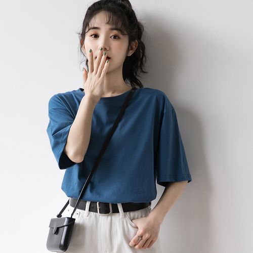 特价雾霾蓝色_2020新款蓝色短袖t恤女纯棉雾霾蓝体恤学生圆领宽松浅