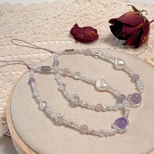 07粉紫色水晶珠串手机链