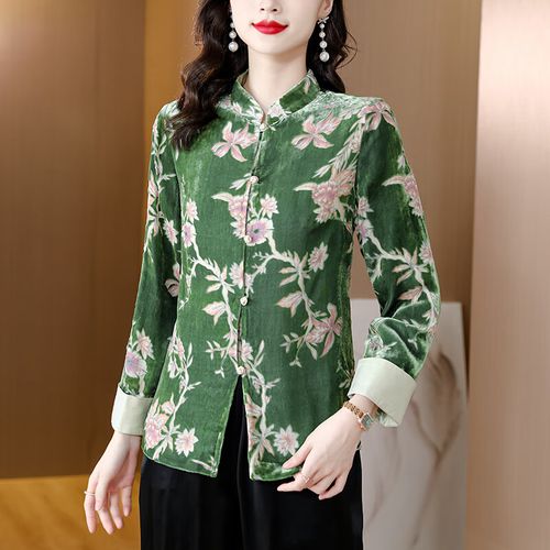 camalgori真丝中式唐装上衣女新中式盘扣女秋装新款贵夫人妈妈真丝绒