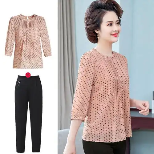 mn妈妈夏装气质中袖小衫中老年女装洋气雪纺圆领时尚薄款套装单上