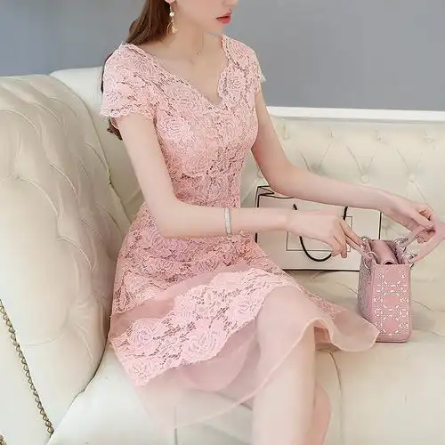 粉色蕾丝连衣裙女夏2017新款气质淑女显瘦仙女