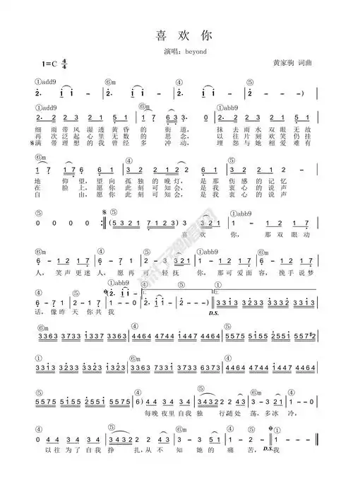 歌曲简谱:beyond乐队《喜欢你》简谱和弦 带完整间奏 功能谱 流行弹唱