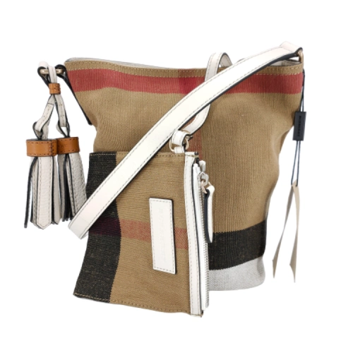 博柏利格纹帆布拼皮子母单肩包