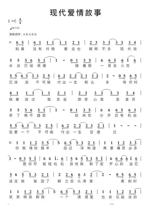 现代爱情故事智能简谱-苍强曲谱