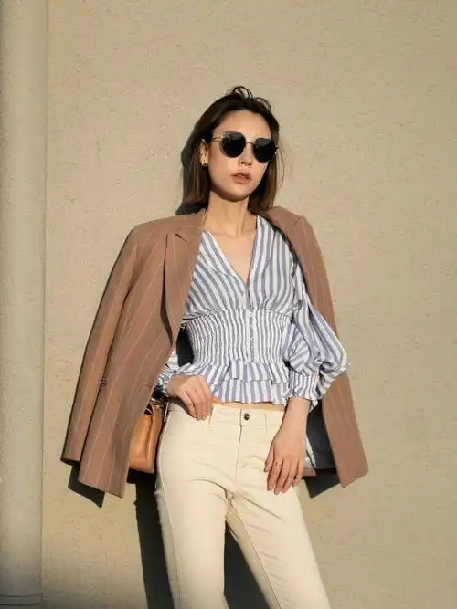 法式穿搭博主条纹西服白裤子