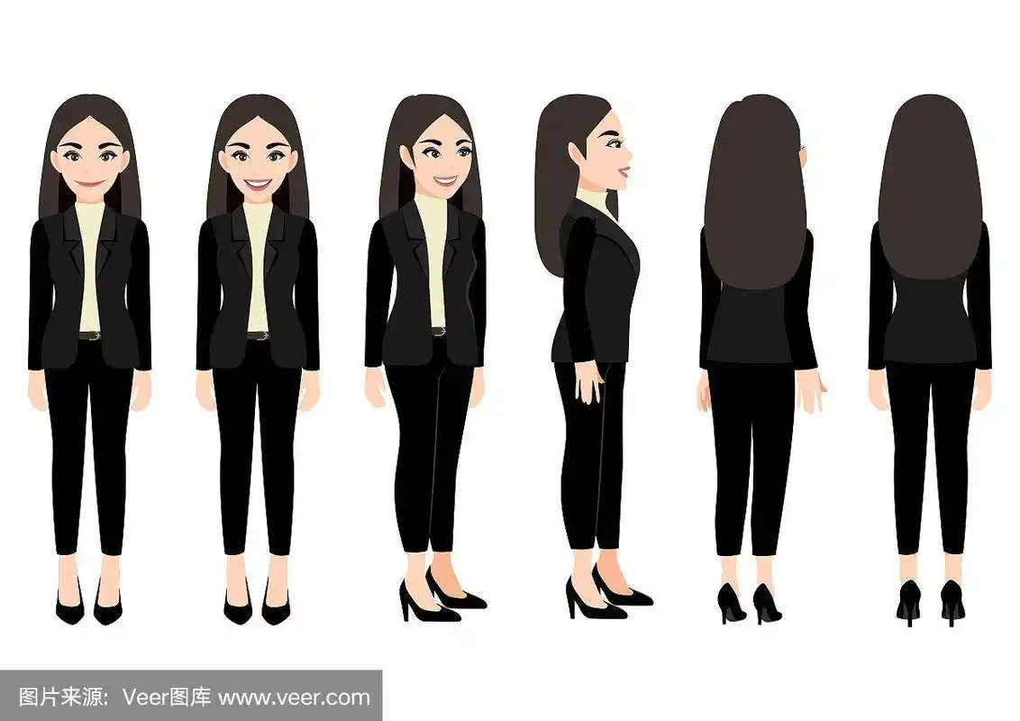 卡通人物与商业妇女在动画的西装.正面,侧面,背面,3-4视图字符.平面向