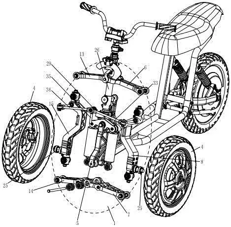 本实用新型提供一种高速度反向三轮车,包括偏摆及转向机构,后段车架