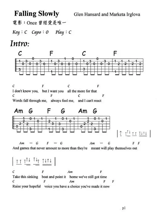 求电影once中的歌曲《falling slowly》的钢琴谱和吉他谱,吉他谱最好