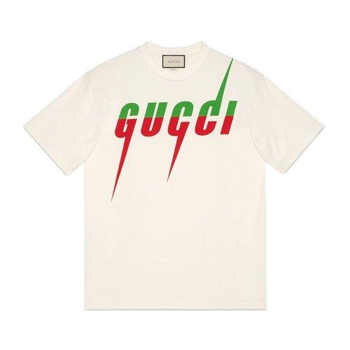 【包税】 gucci/古驰  男士白色纯棉拼色字母锋刃印花短袖t恤 565806