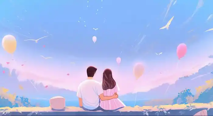 情侣紧挨着坐在一起的背影唯美浪漫情人节爱情双人手绘插画温馨氛围感