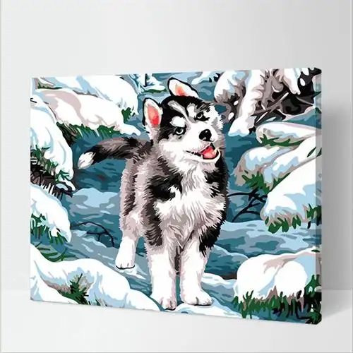 diy数字油画大幅手绘客厅家居油彩装饰画动物卡通儿童狗狗哈士奇