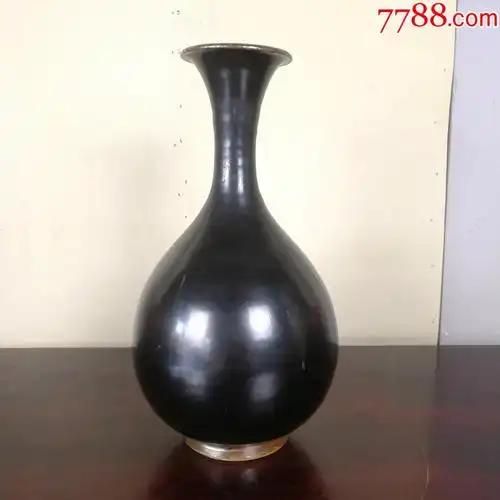 玉壶春瓶黑釉瓷瓶古玩老瓷器长颈瓶清代大开门老物件收藏插花摆件