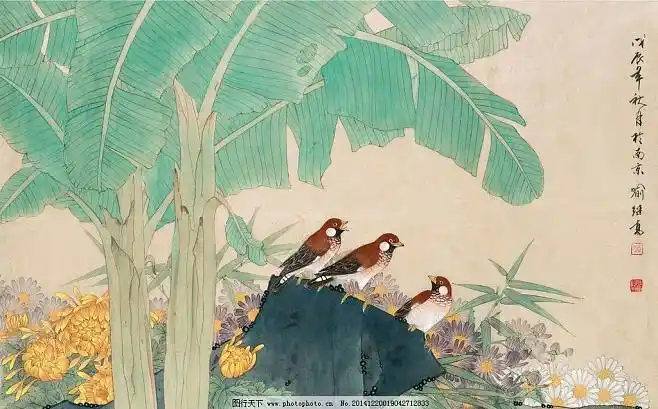 喻继高国画芭蕉小鸟图