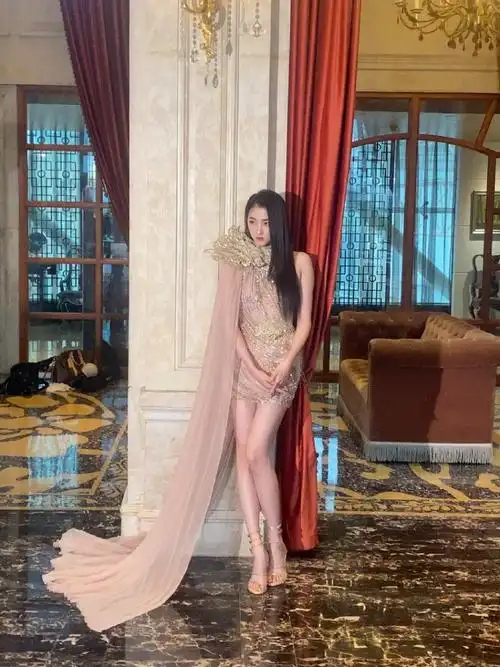 关晓彤单肩披风短裙##关晓彤香槟粉高定裙