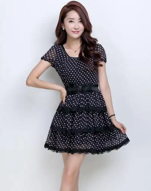 黑色蝴蝶结甜美波点短款雪纺连衣裙