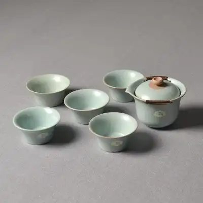 汝窑开片 晨香侧杯组 套装 天青 整套茶具 功夫茶具