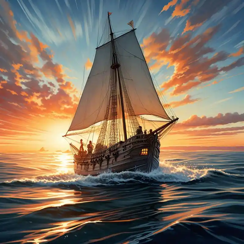 新的一天,就像这艘扬帆起航的帆船,在日出的海面上迎接全新的开始