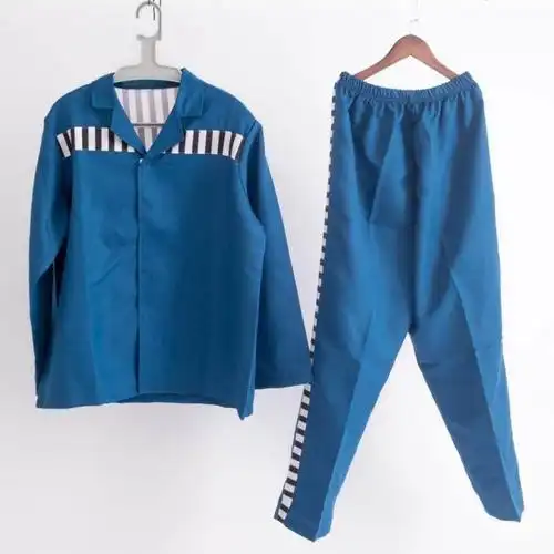 囚犯衣万圣节表演服监狱犯人囚服长袖印字印编码秋冬款劳改服 蓝色
