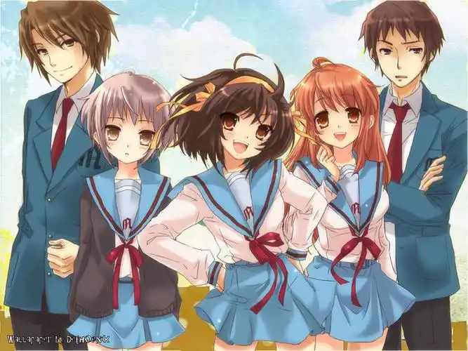 求一幅能有五个人的动漫图,要短发的,或是长发相对稍短的,我想做友谊