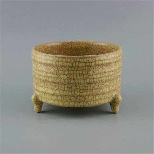 哥窑金丝铁线三足炫纹香炉 仿宋代古瓷器 古玩古董老货收藏摆件