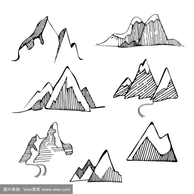 手绘一套素描山.矢量插图不同的山和岩石,孤立在白色的背景.雕刻风格.