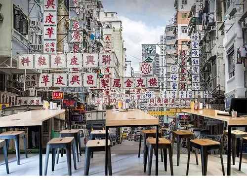 香港街景墙纸复古怀旧街道壁画城市建筑港式茶餐厅酒楼奶茶店壁纸