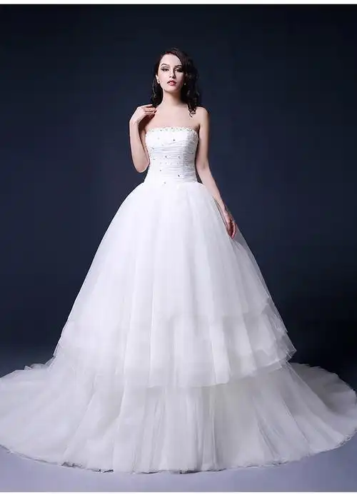 2014白色抹胸手工缝制款完美收腰长拖层次婚纱结婚婚纱