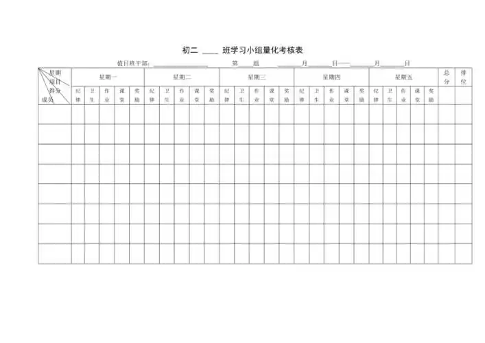 班级学习小组每日量化考核表