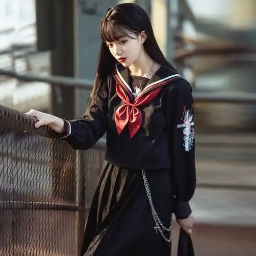 制服长裙中间暗黑刺绣长袖jk卡拉少女不良jk