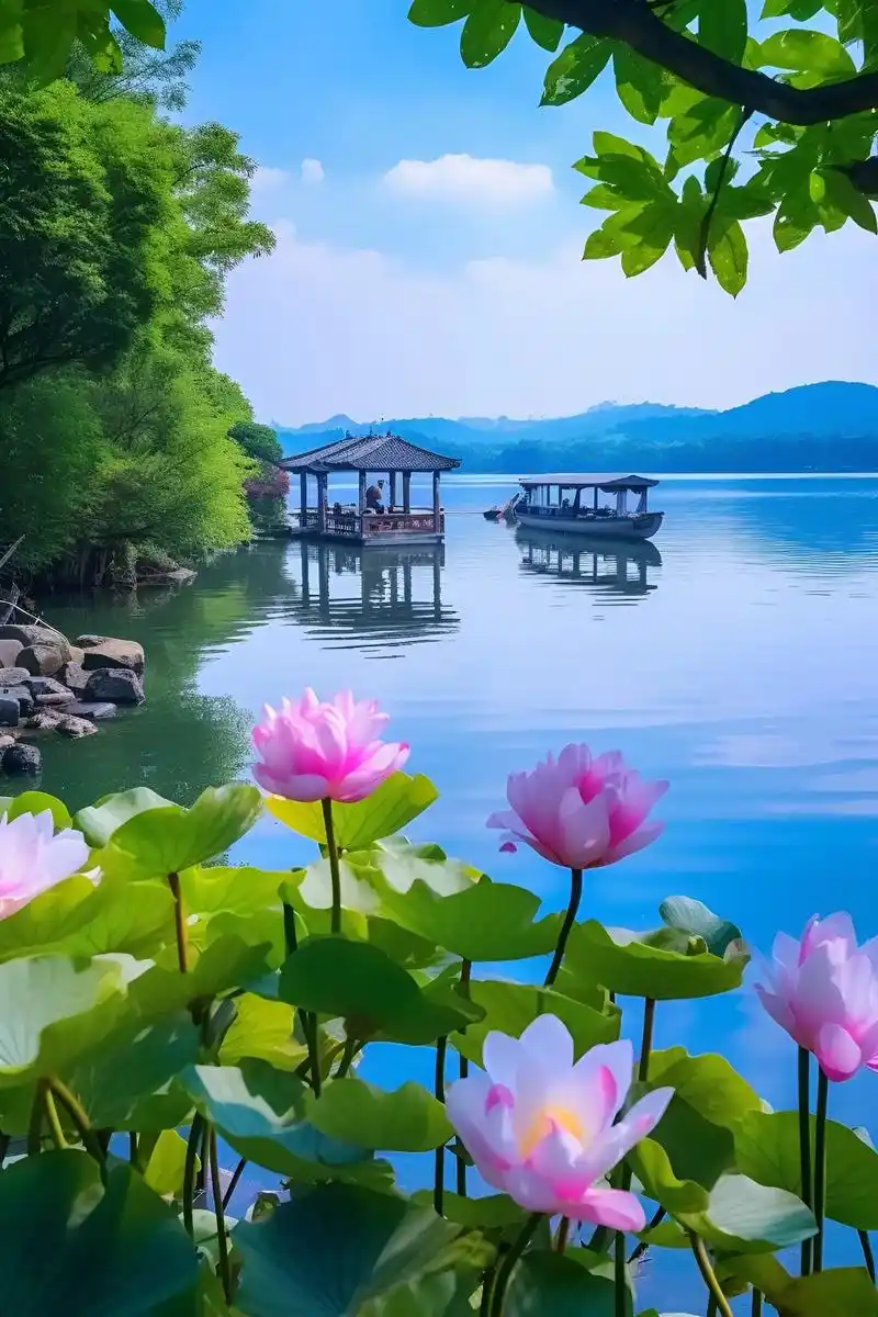 炎热的夏天,西湖美景是那么迷人,阳光照在每一朵荷花的每一片花 - 抖