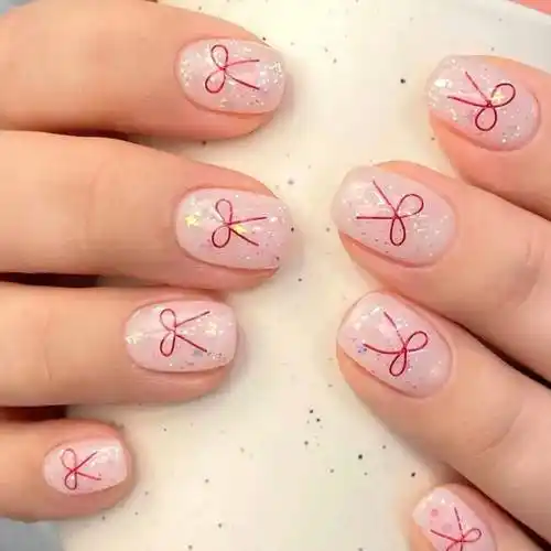 除此之外,还可以用细闪给十指打底,再搭配简约图案,像下面的红色细纹