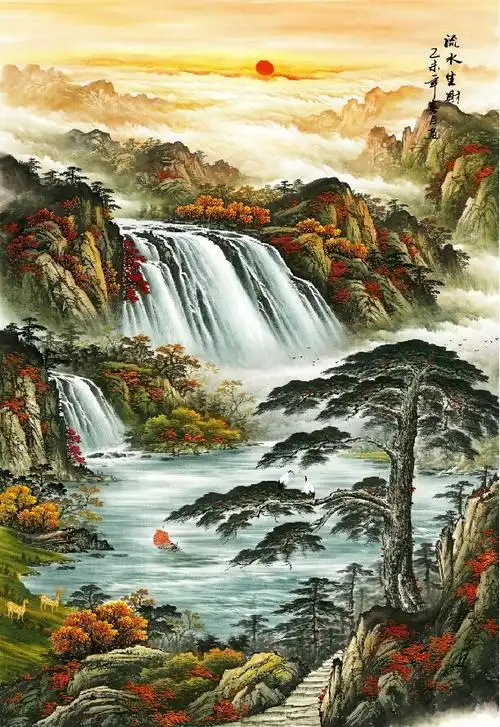 44-566国画 字画 山水画 流水生财 家居玄关装饰画高仿真画芯批发-阿