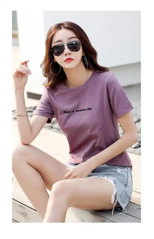 夏季新款短袖丅恤女时尚字母印花百搭体桖衫韩版显女生短款小个子半袖