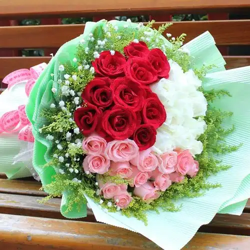 情人节33枝红粉白混搭玫瑰花束鲜花速递邯郸河间黄骅实体花店佳木