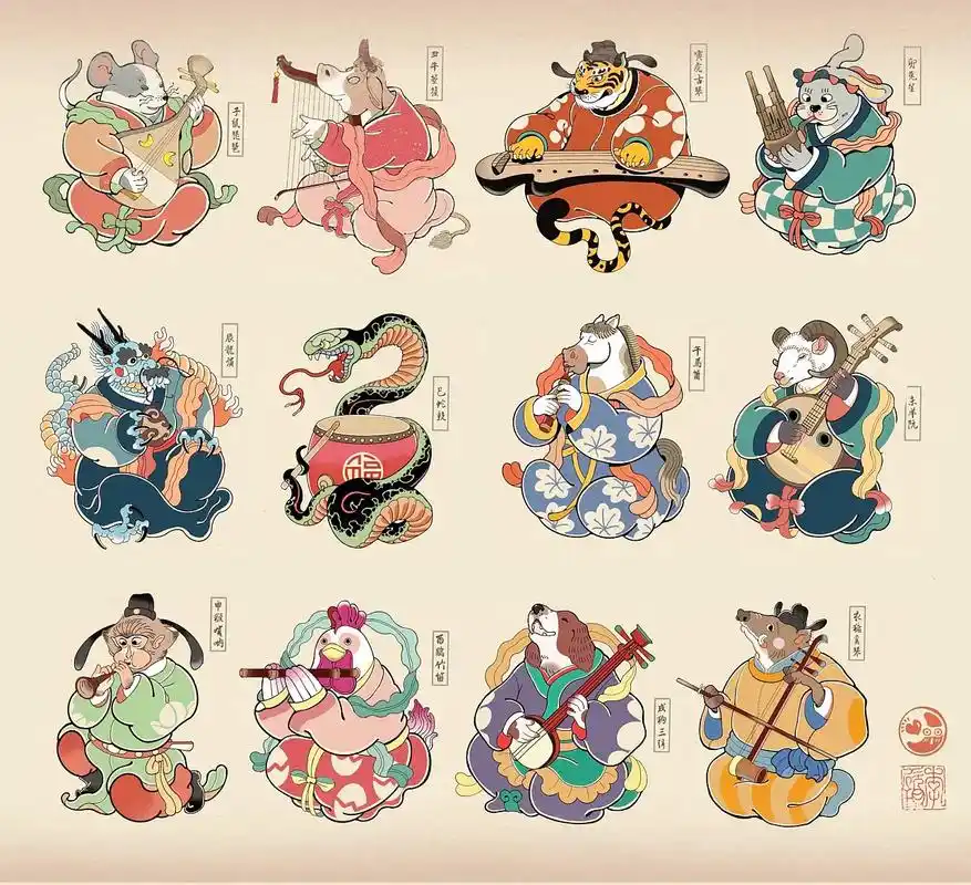 十二生肖夜宴图#插画 #中国传统文化 #十二生肖  - 抖音