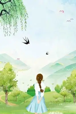 手绘女孩背影人物风景卡通4月你好春天宣传海报背景