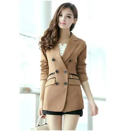 秀衣记秋装女装韩版时尚双排三粒扣长袖纯色修身休闲小西装 卡其 m